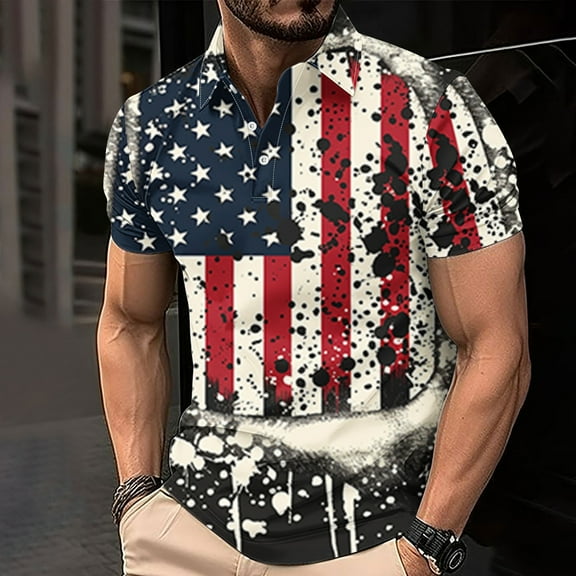 cllios Gym Shirts Men,Patriotic Red White and Blue Graphic Tees Regular Button Up Golf Shirt Independence Day Short Sleeve T Shirt