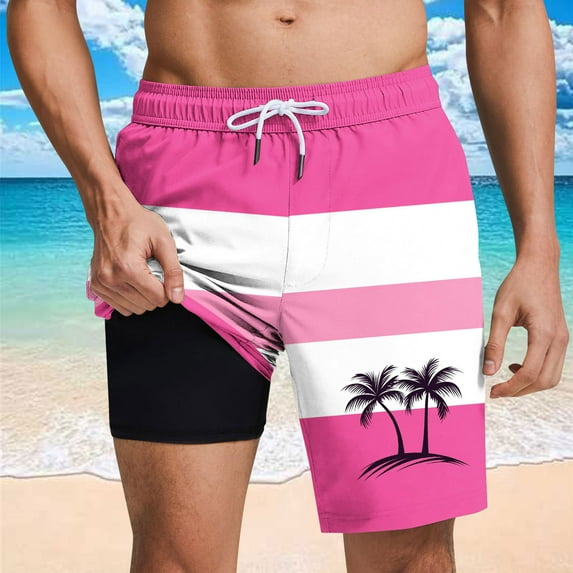 cllios Hawaiian Swim Trunks Men Fashion Striped Swimming Shorts with Compression Liner Quick Dry Bathing Suits Elastic Waisted Drawstring Board Shorts