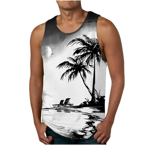 cllios Hawaiian Tank Tops Men Big and Tall Tropical Palm Tree Graphic Tees Vacation Beach Shirts Lightweight Stretch Sleeveless Crew Neck Hawaii Shirt Gym Workout Muscle Tops