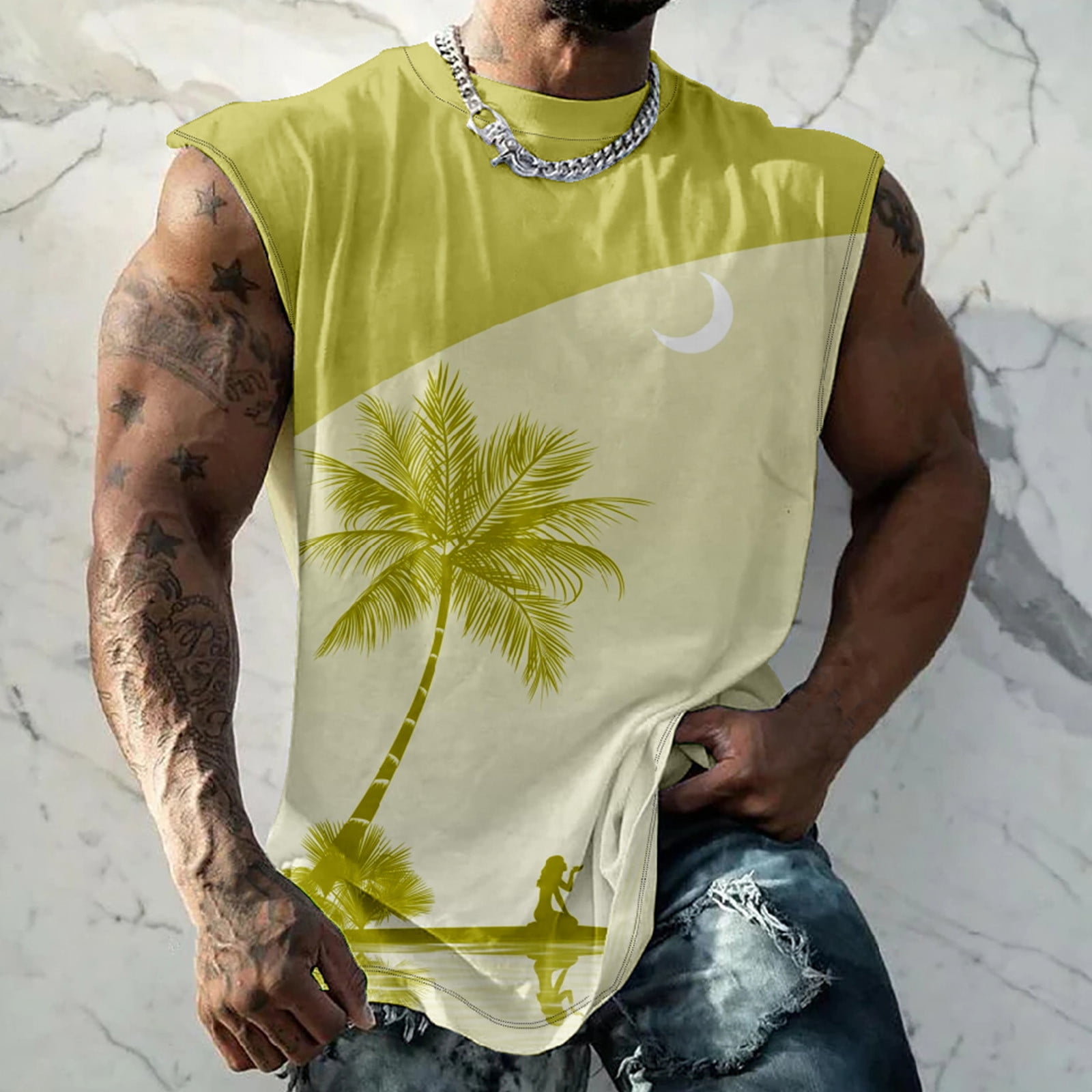 cllios Hawaiian Tank Tops for Men Trendy Palm Tree Print Graphic Sleeveless  Round Neck T-Shirts Top Slim Fit Workout Shirts Summer Beach Muscle Shirt  Tops 