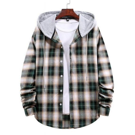 cllios Hooded Flannel Shirt for Men, Regular Fit Button Down Plaid Shirt Jacket Drawstring Long Sleeve Shacket Jacket Spring Fall Lightweight Hoodie Coat Black 2XL