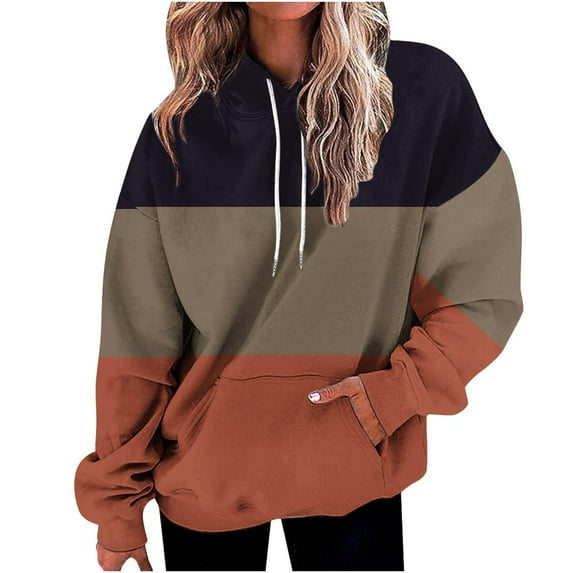 cllios Hoodies for Women Casual Color Block Top Comfy Novelty Drawstring Pullover Sweatshirt Long Sleeve Plus Size Shirt Blouse