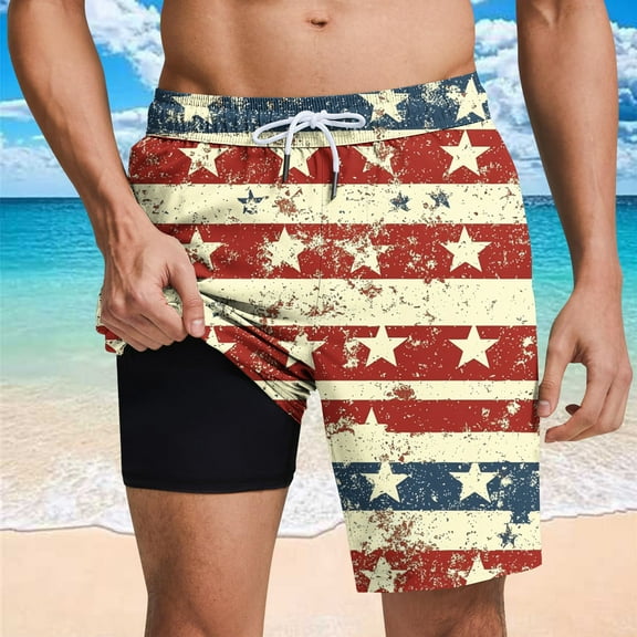 cllios Independence Day Mens Swim Trunks with Compression Liner 9" Stretch Board Shorts 2 in 1 Quick Dry Swimwear Bathing Suits 4th of July Swimming Shorts for Men