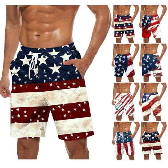 cllios Independence Day Mens Swim Trunks Red White and Blue Print Surfing Boardshorts Lightweight Quick Dry Bathing Suits 4th of July Swimwear with Pockets