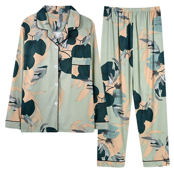 cllios Ladies Pajamas Sets Vintage Boho Floral Print Pjs Set Lightweight Button Down Lapel Nightwear Casual Long Sleeve Loungwear Sleepwear with Pocket Army Green L