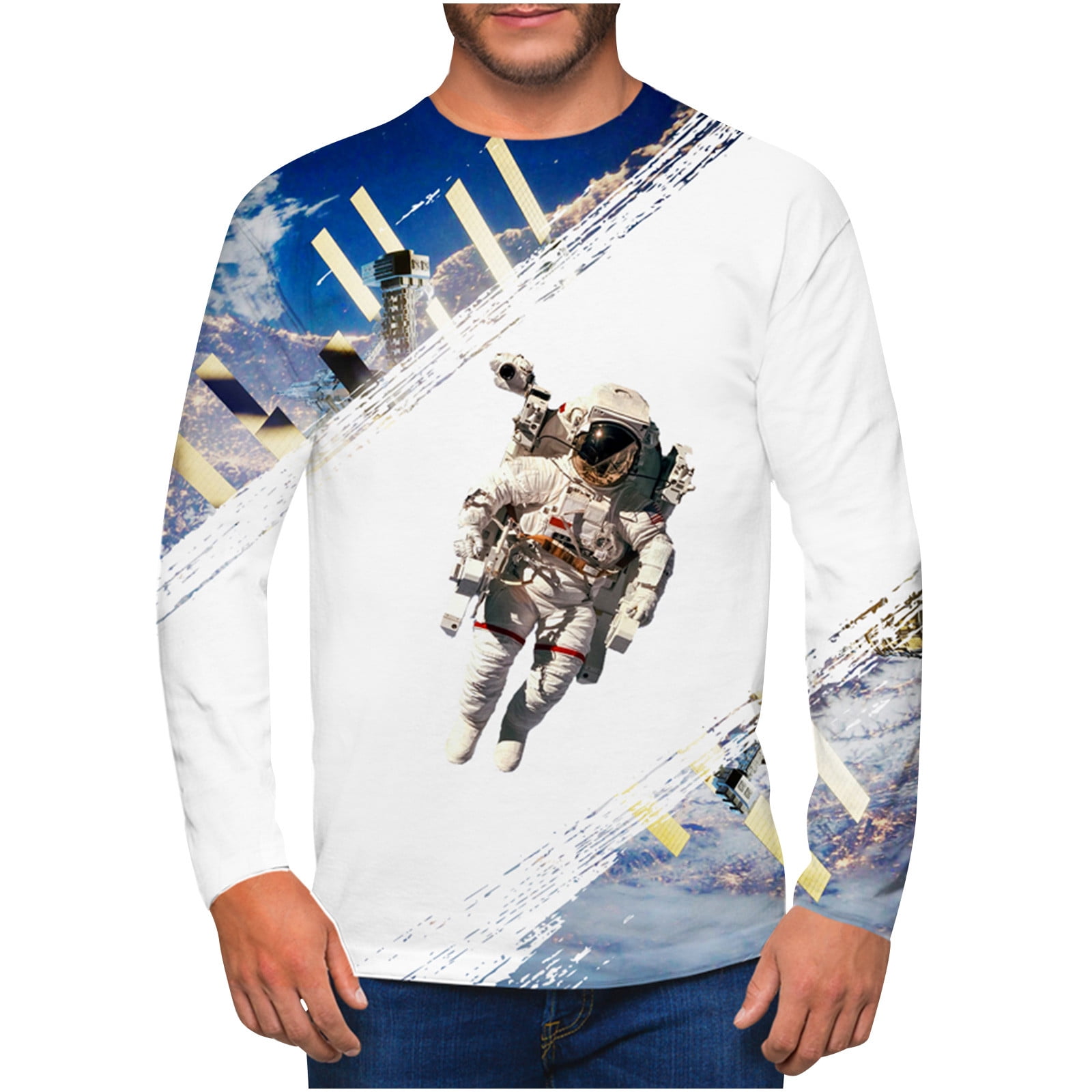 cllios Long Sleeve Shirts for Men 3D Space Graphic Top Casual Crew