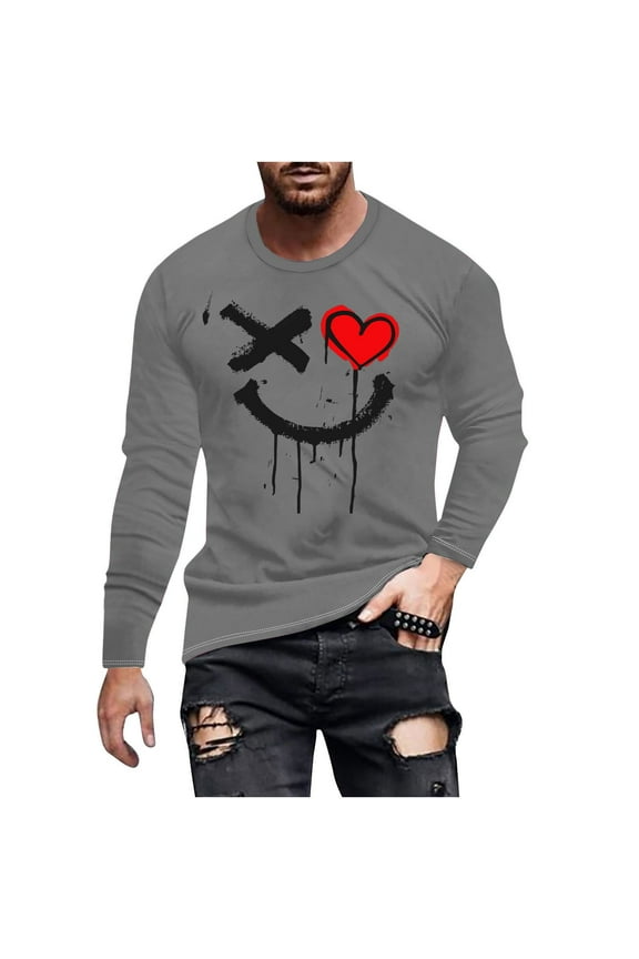 Long Sleeve Tee Shirts for Men Graphic 3D Smiling Face Print Casual Pullover Big and Tall Crewneck Sweatshirts Sports Tees