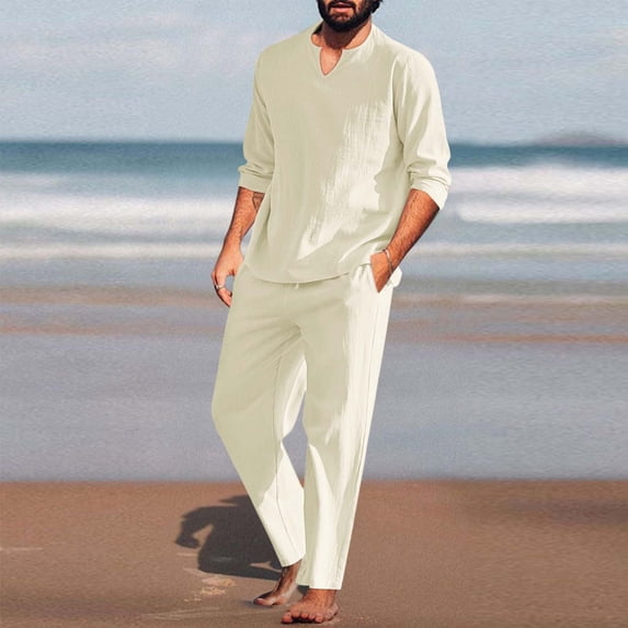 cllios Men’s 2 Piece Lounge Tracksuit Sets Cotton Linen Set Henley Shirt Long Sleeve And Casual Beach