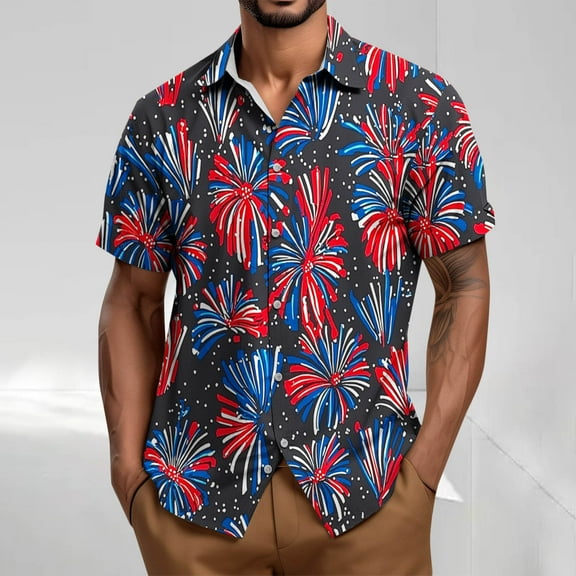 cllios Men American Flag Button Up Shirts 4th of July Hawaiian Shirt for Men Patriotic Short Sleeve Button Down Outfits
