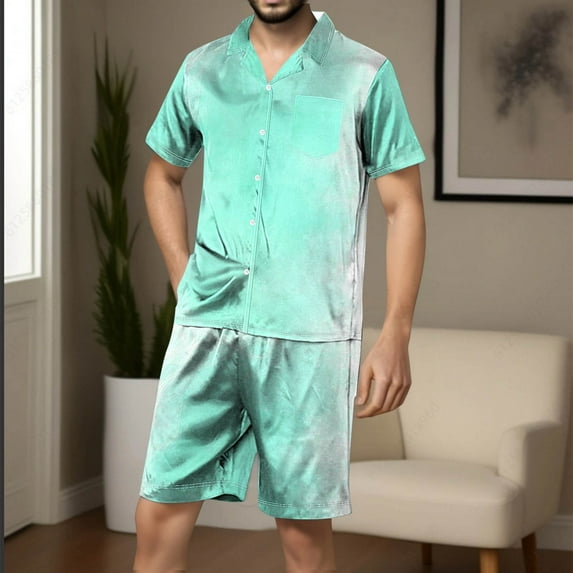 cllios Men Pajama Sets Silk Stain 2 Piece Pjs Suits Gradient Short Sleeve Button Down Shirts and Shorts Loungewear Lightweight Soft Pajamas Sleepwear