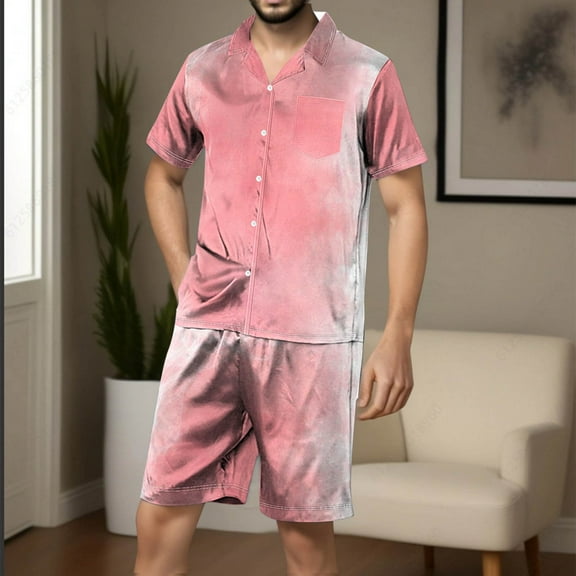 cllios Men Pajama Sets Silk Stain 2 Piece Pjs Suits Gradient Short Sleeve Button Down Shirts and Shorts Loungewear Lightweight Soft Pajamas Sleepwear