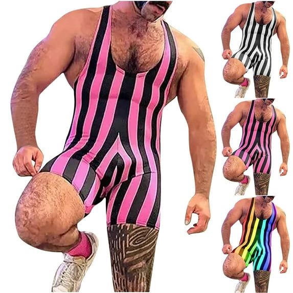 cllios Men Striped Bodysuit Wrestling Singlet Seamless Active Jumpsuit Sleeveless One Piece Base Layers Athletic Supporters Leotard