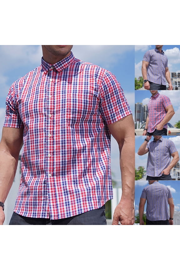 Men and Boy Plaid Oxford Cotton Shirt Loose Short Sleeve Collared Shirt Big and Tall Button Down Shirts for Men