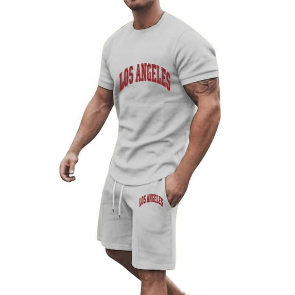 cllios Men's 2 Piece Outfits Los Angeles Letter Graphic Print Short Sleeve Crewneck T-Shirt and Drawstring Shorts Sets Summer Tracksuits with Pockets