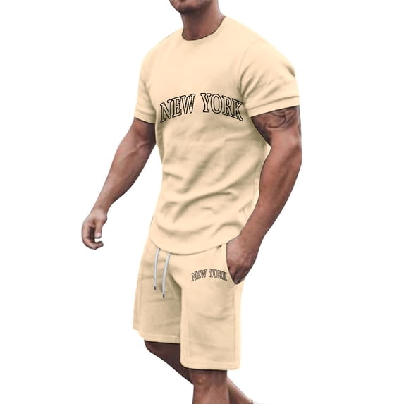 cllios Men's 2 Piece Outfits New York Letter Graphic Print Short Sleeve Crewneck T-Shirt and Drawstring Shorts Sets Summer Tracksuit Lightweight Workout Short Sets