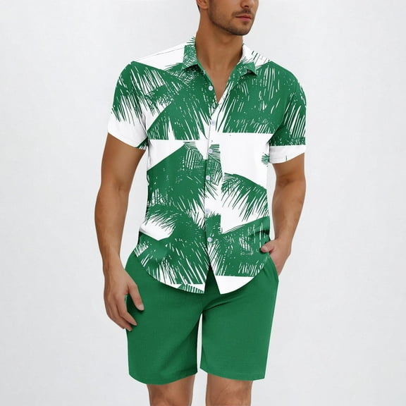 cllios Men's 2 Piece Outfits Tropical Print Beach Suits Short Sleeve Button Down Hawaiian Shirt and Shorts Sets