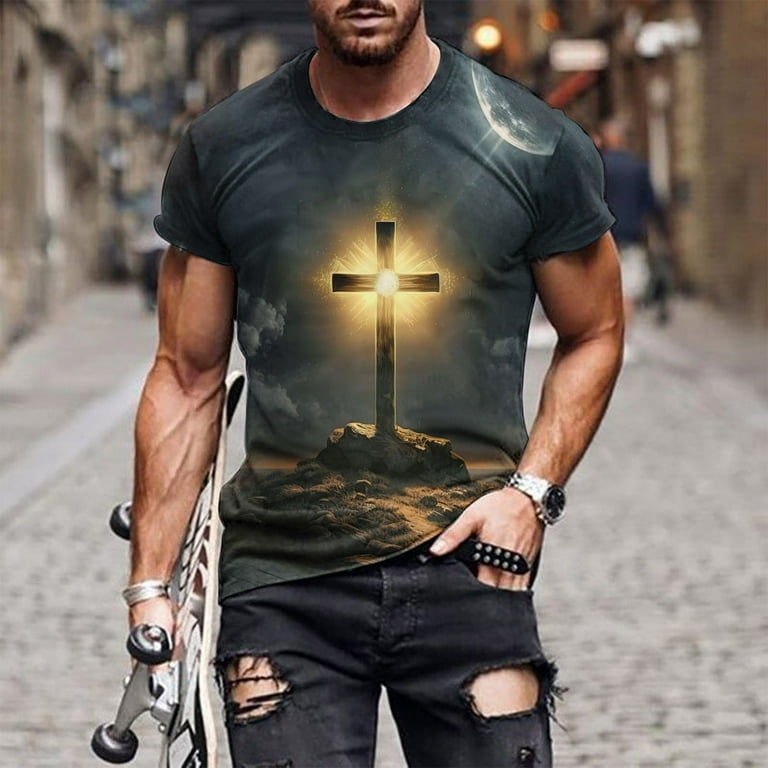 cllios Men's 3D Crucifix Printed T-shirt Jesus Cross Short Sleeve