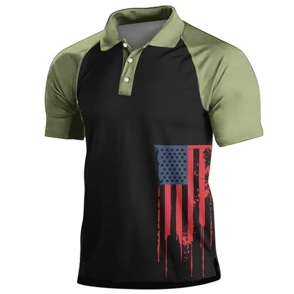 cllios Men's 4th of July Shirts Button Up Short Sleeve Golf T Shirts Distressed American Flag Graphic Tee Quick Dry Moisture Wicking Athletic Tshirts