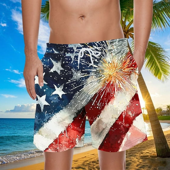 cllios Men's American Flag Swim Trunks 4th of July Patriotic Shorts Red White and Blue Printed Drawstring Elastic Waist Board Shorts with Pocket