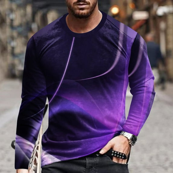 cllios Men's and Big Men's Long Sleeve Shirts Casual Optical Line 3D Graphic T-Shirt Fall Trendy Crewneck Pullover Soldier Tops Slim Fit Sport Tees Purple XXL