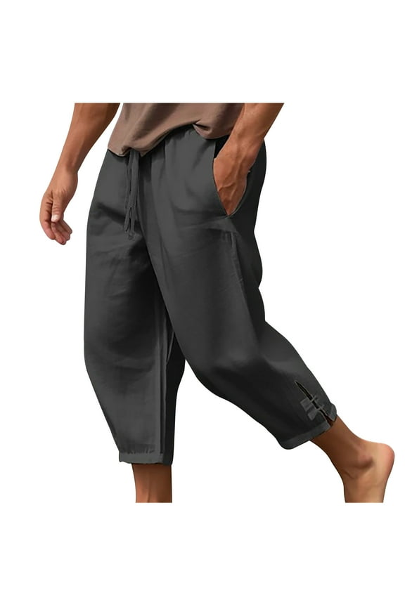 Men's Capri Pants Big and Tall Elastic Waist Drawstring Beach Trousers Summer Comfy Breathable Straight Leg Pants Black 3XL
