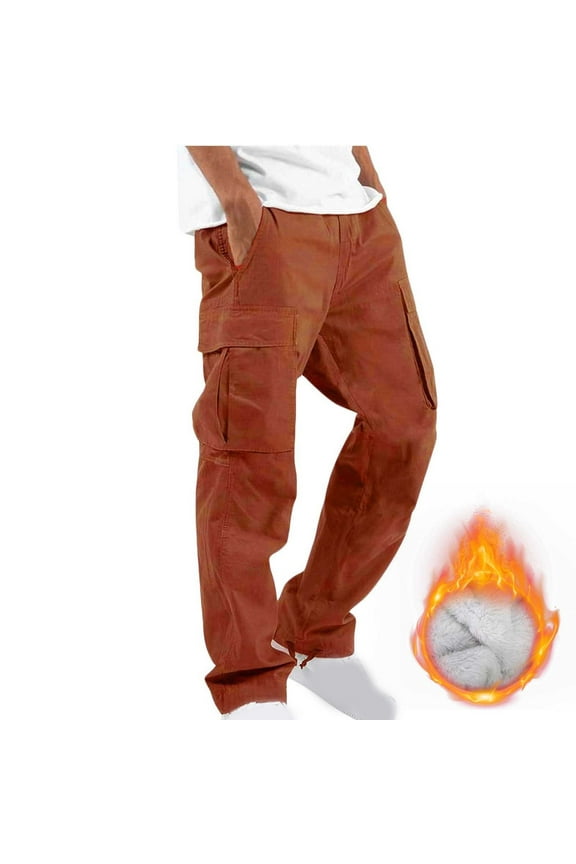 Men's Cargo Pants Trendy Solid Fleece Lined Work Pants Outdoor Tactical Trousers Comfortable Straight Leg Cargo Pants Multi Pockets
