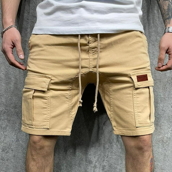 cllios Men's Cargo Shorts Elastic Waist Casual Work Shorts Drawstring Athletic Shorts with Multi Pockets Cargo Shorts for Men Under $5 Khaki,XXL