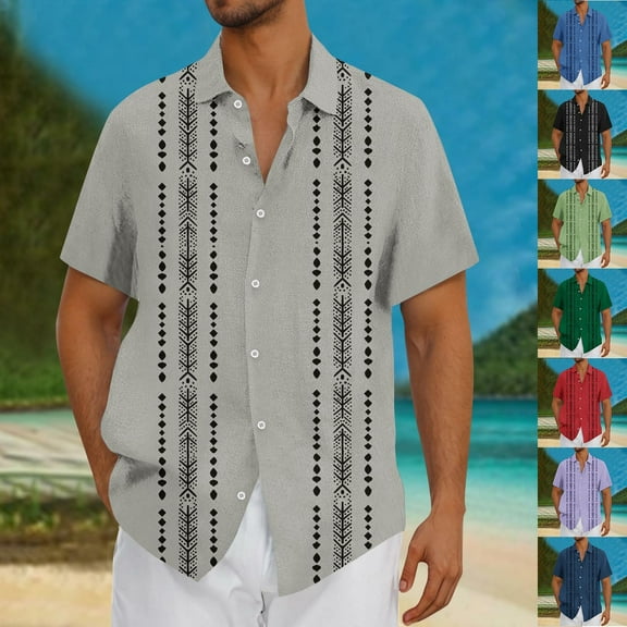 cllios Men's Casual Linen Shirts Short Sleeve Button Down Shirt Summer Tropical Floral Hawaiian Shirts for Men Big and Tall Beach Holiday Tops