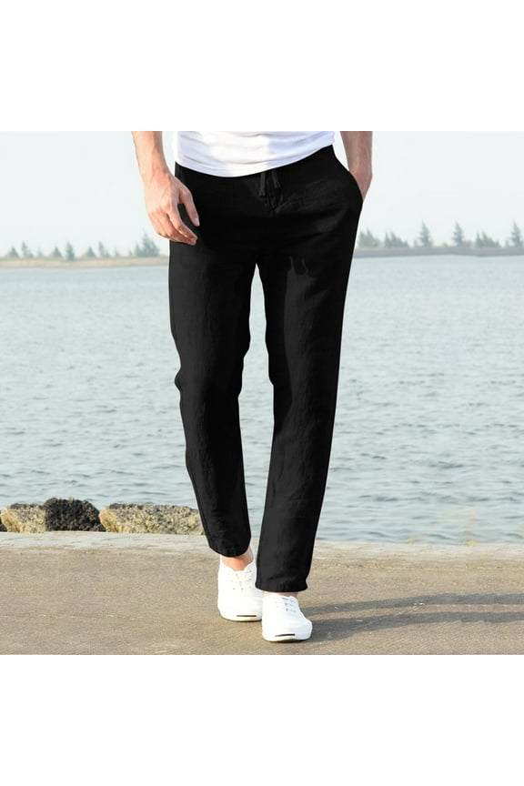 Men's Cotton Blend Pants Casual Solid Work Pants Lightweight Elastic Waist Long Pants Casual Jersey Pants for Men with Pockets