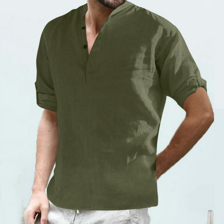 cllios Men's Cotton Linen Henley Shirt Casual Roll Up Long Sleeve Hippie  Beach T Shirts Solid Regular Fit Button Up Tee Top