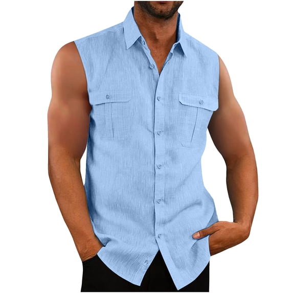cllios Men's Cotton Linen Tank Top Loose Fit Sleeveless Active Athletic Shirts Summer Muscle Frog Button Down Shirt Tank Tops