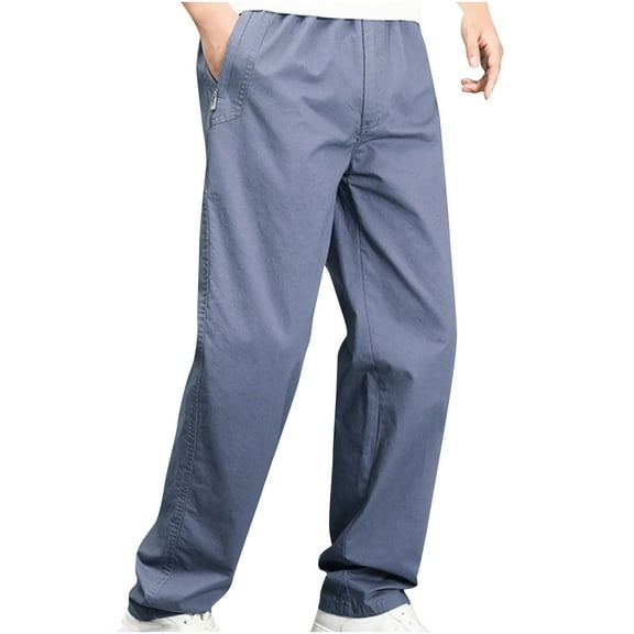 cllios Men's Cotton Pants Big and Tall Straight Leg Chino Pants Elastic Waisted Drawstring Hiking Trousers Lightweight Fitness Work Pants with Zipper Pockets