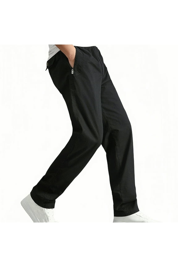 Men's Cotton Pants Big and Tall Straight Leg Chino Pants Elastic Waisted Drawstring Hiking Trousers Lightweight Fitness Work Pants with Zipper Pockets
