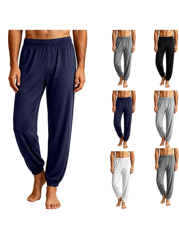 Men's Cuffed Sleep Pants Elastic Waist Soft Knit Lounge Trousers Solid Color Comfy Cinch Bottom Pajamas Pants