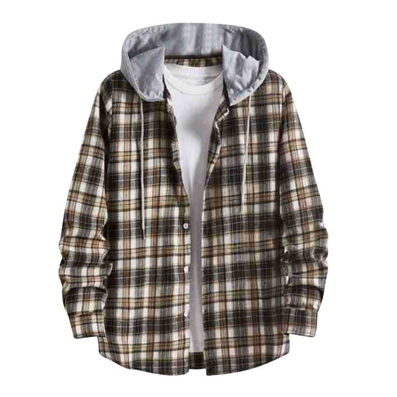 cllios Men's Flannel Plaid Shirt Jacket Spring Fall Long Sleeve Plaid Hoodie Jackets Lightweight Button Down Hooded Shirt Jacket Coffee 2XL