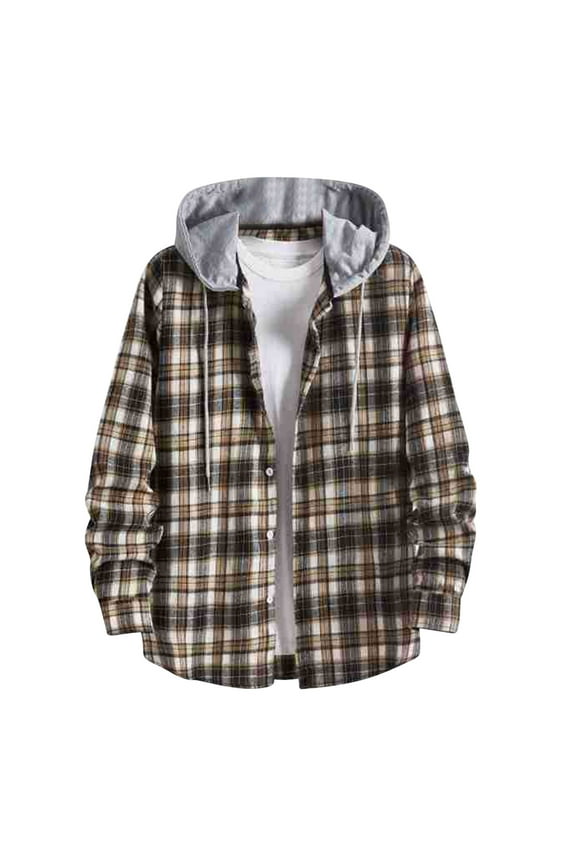 Men's Flannel Plaid Shirt Jacket Spring Fall Long Sleeve Plaid Hoodie Jackets Lightweight Button Down Hooded Shirt Jacket Coffee M