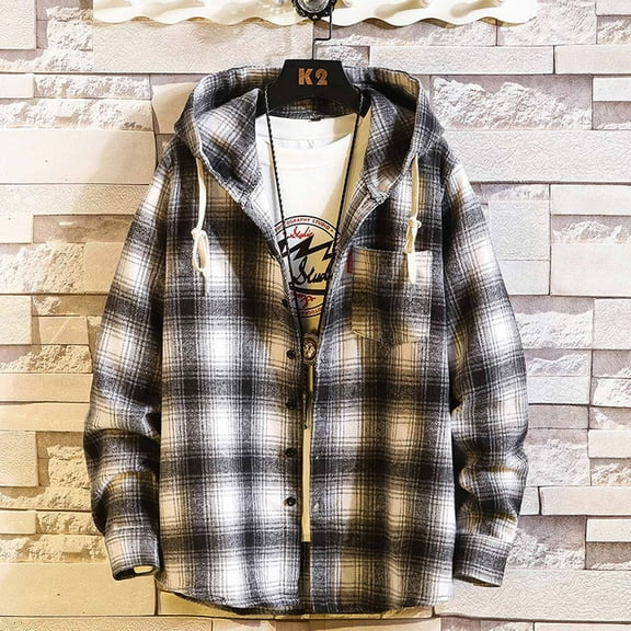 cllios Men's Flannel Shirts Plus Size Plaid Hoodies Fall Button Down Shirt Jacket Classic Fit Long Sleeve Lightweight Jacket