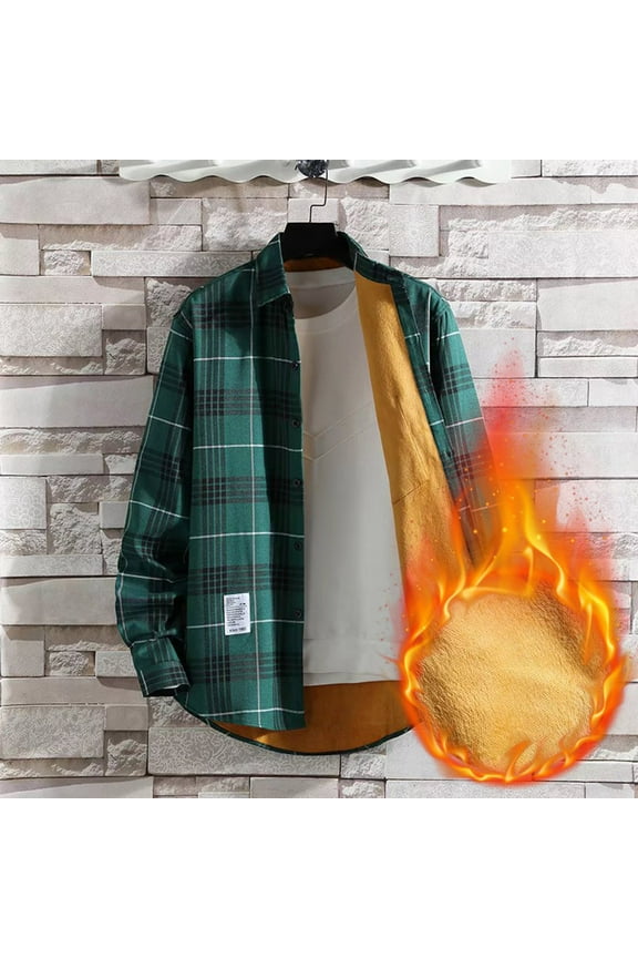 Men's Fleece Lined Flannel Shirts Plus Size Plaid Tops Streetwear Warm Button Down Shirt Jacket Regular Fit Long Sleeve Coat Jacket