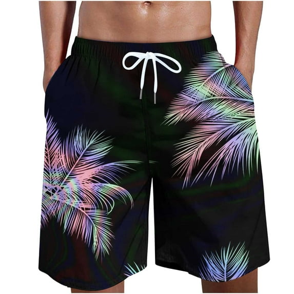 cllios Men's Hawaiian Shorts Drawstring Boarding Shorts with Pockets Palm Tree Printing Beach Shorts Lightweight Quick Dry 5 Inch Swim Trunks