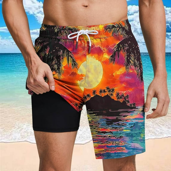 cllios Men's Hawaiian Swim Trunks Quick-Dry Beach Shorts with Compression Liner & Pockets Summer Palm Tree Tropical Bathing Suits for Swimming Surfing Vacation