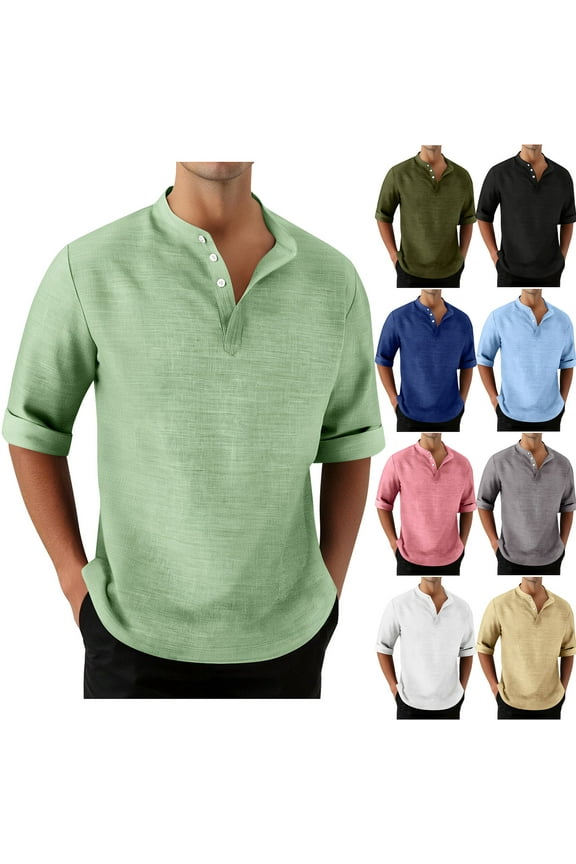 Men's Henley Shirts 3/4 Roll Up Sleeve 3 Button T-Shirts Casual Lightweight Basic Tee Fashion Summer Tops