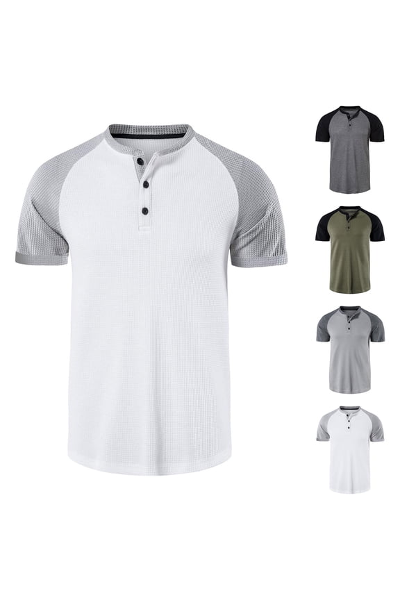 Men's Henley T Shirts Color Block Waffle Shirts Short Sleeve Button T-Shirt Breathable Moisture Wicking Athletic Tee Shirts Classic 3 Button Henley Shirt
