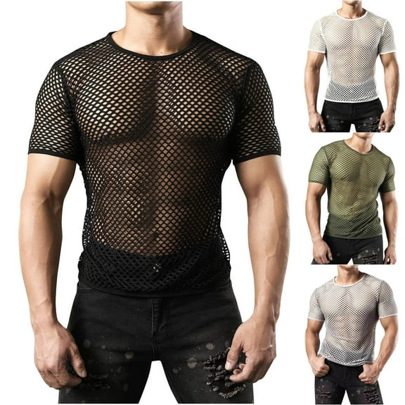 cllios Men's Mesh Fishnet Top Short Sleeve Sheer See Through T Shirt Fitted Muscle Blouse Undershirt Top for Men Clubwear