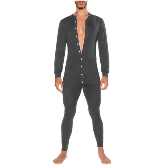 cllios Men's Onesie Pajamas Long Sleeve One Piece Solid Button Down Jumpsuit Romper Sleepwear