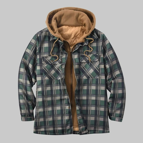cllios Men's Quilted Lined Flannel Hooded Shirt Jacket, Soft Warm Long Sleeve Outdoor Cotton Plaid Shirt Jackets Full Zip Thicken Coat Outerwear