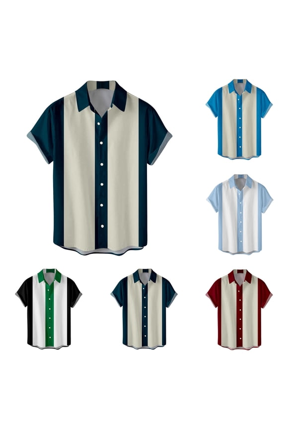 Men's Retro Bowling Shirts 50s Vintage Button Down Color Block Active Shirts Summer Hawaii Beach Shirts