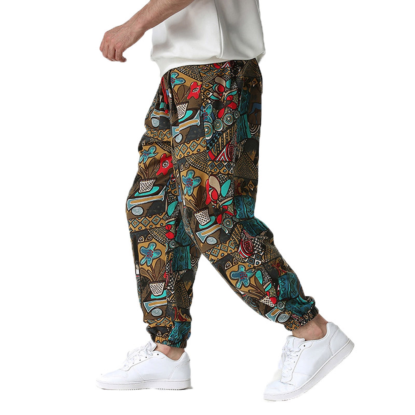 cllios Men's Retro Print Jogger Sweatpants Linen Cotton Elastic