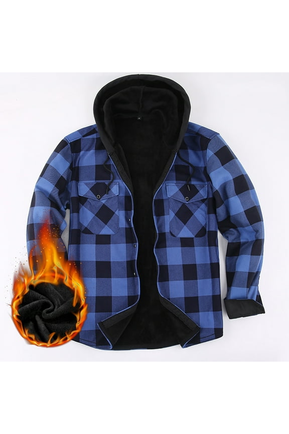 Men's Sherpa Lined Flannel Shirt Jackets,Winter Thick Warm Coat Drawstring Long Sleeve Plaid Hooded Jacket Casual Snap Front Fleece Jacket