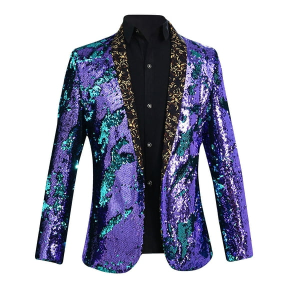 cllios Men's Shiny Sequin Blazer, One Button Glitter Dress Suit Jacket Nightclub Prom Shawl Collar Jackets Party Prom Fashion Metallic Blazer Jacket