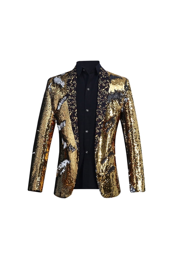 Men's Shiny Sequin Blazer, One Button Glitter Dress Suit Jacket Nightclub Prom Shawl Collar Jackets Party Prom Fashion Metallic Blazer Jacket